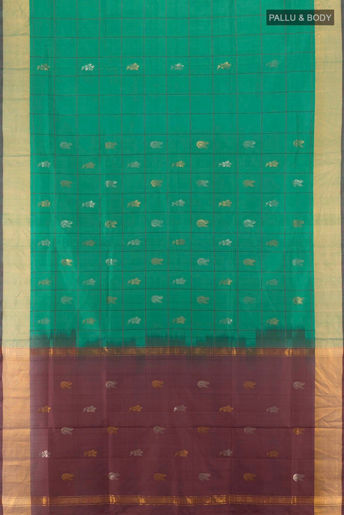 Flat view of Pure Silk Pure Zari Peacock Blue Uppada Saree with Zari Butta on the body and Silk Border. 