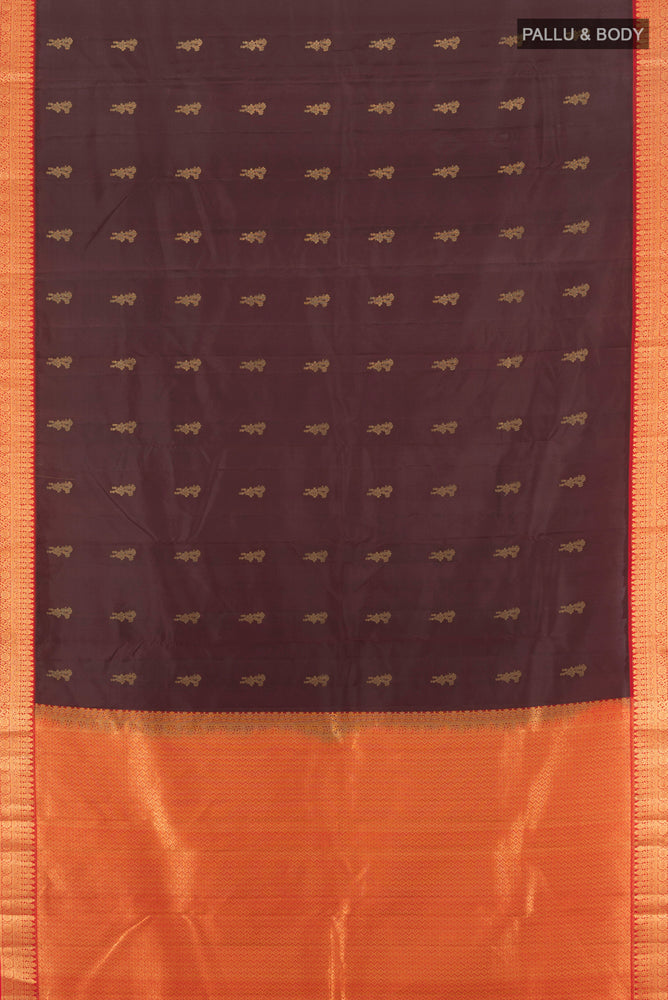 Flat view of Coffee Brown Kanchipuram Silk Saree with Zari Butta on the body and Silk Border. 