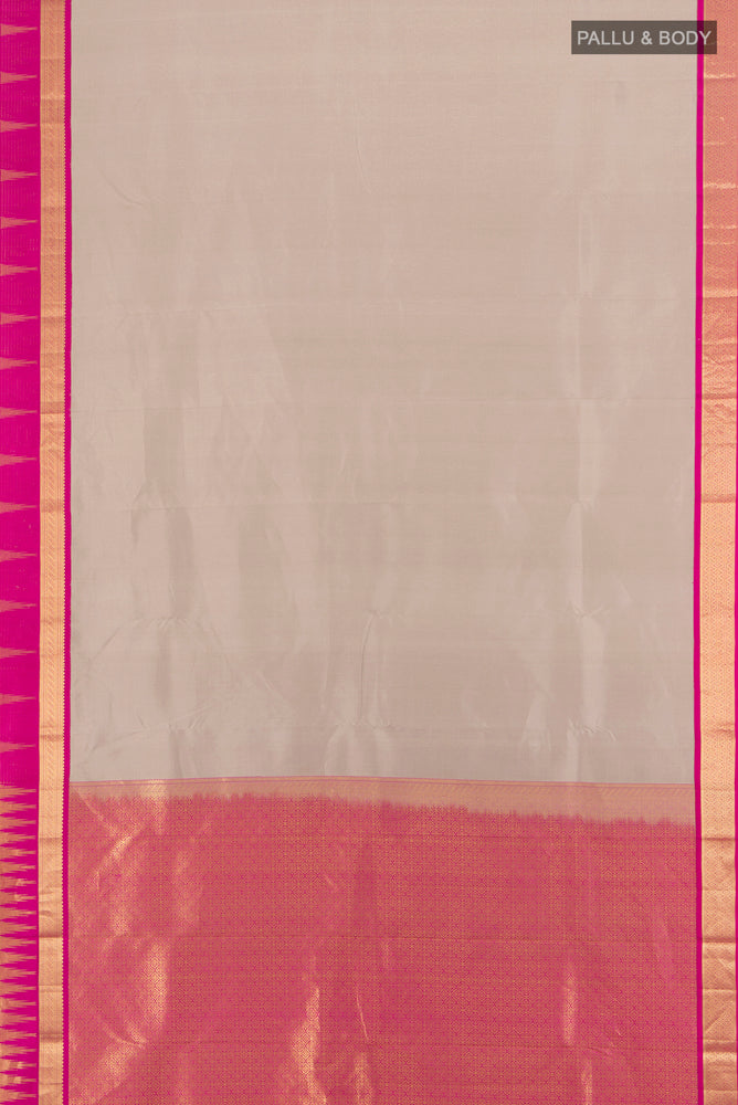Flat view of Grey Kanjivaram Silk Saree with Stripes on the body and Zari Border. 
