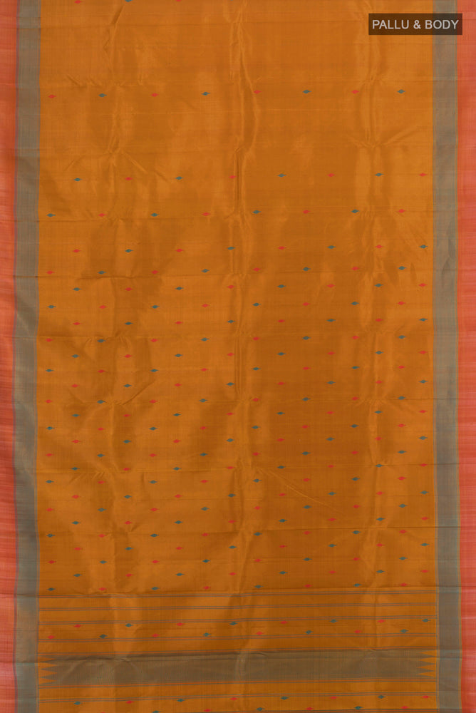Flat view of Mustard Kanchipuram Silk Saree with Thread Butta on the body and Plain Border. 