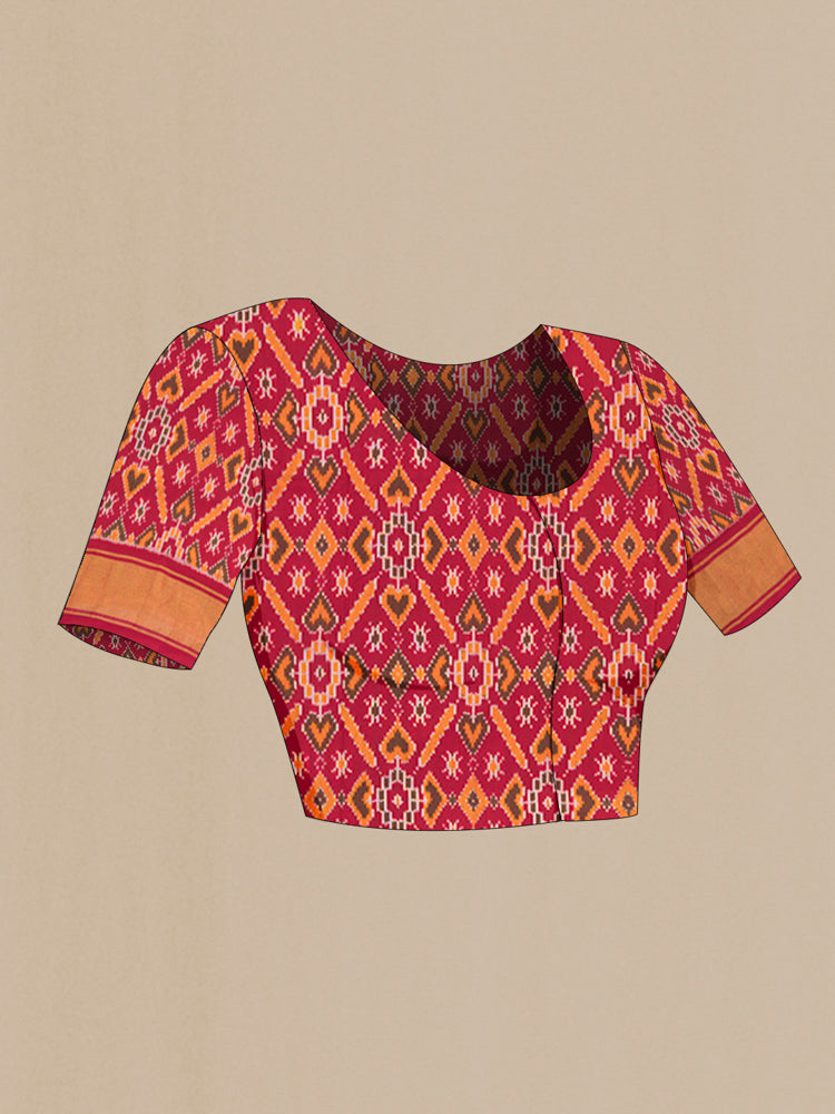 Close up image of the blouse of Dark Blue Pochampally Saree with Ikat Print on the body and Silk Border. 