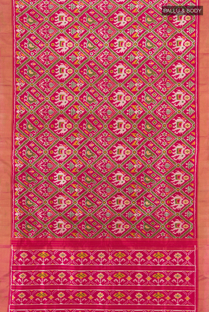 Flat view of Multi Color Pochampally Saree with Ikat Print on the body and Silk Border. 