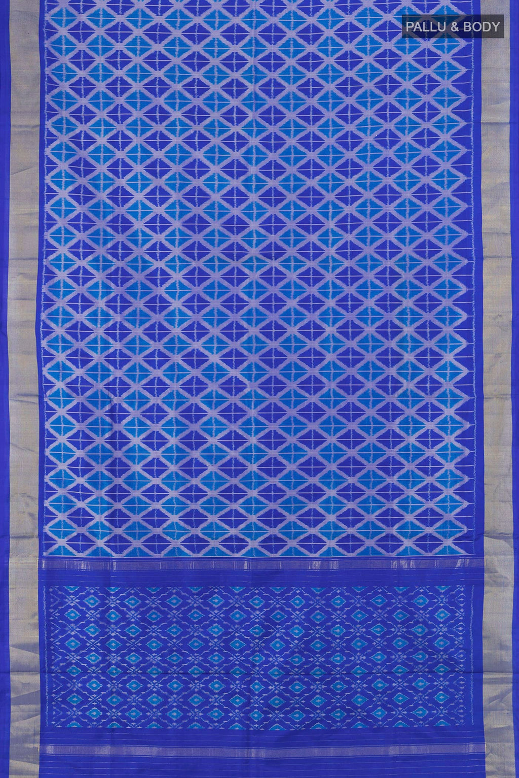 Flat view of Royal Blue Pochampally Silk Saree with Pure Ikat on the body and Zari Border. 
