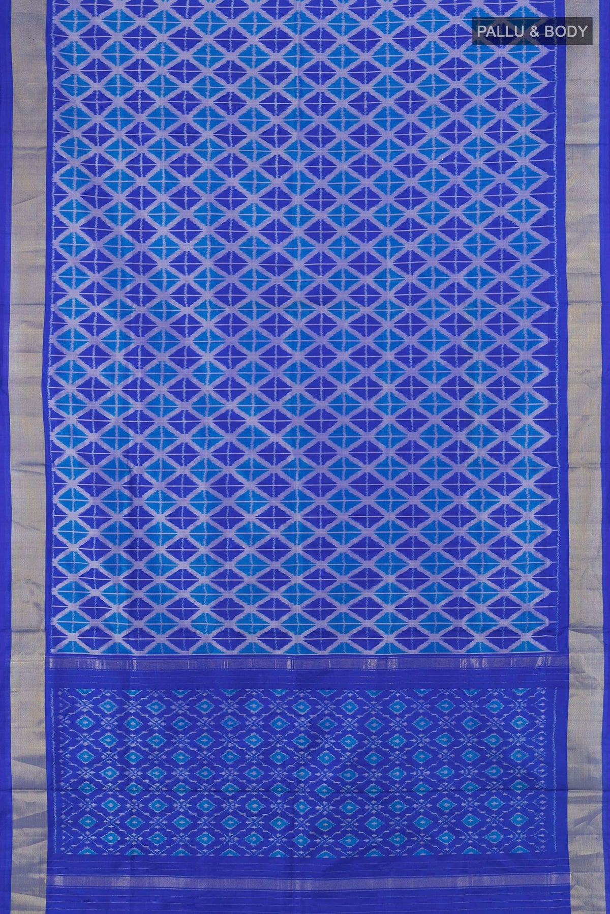 Flat view of Royal Blue Pochampally Silk Saree with Pure Ikat on the body and Zari Border. 