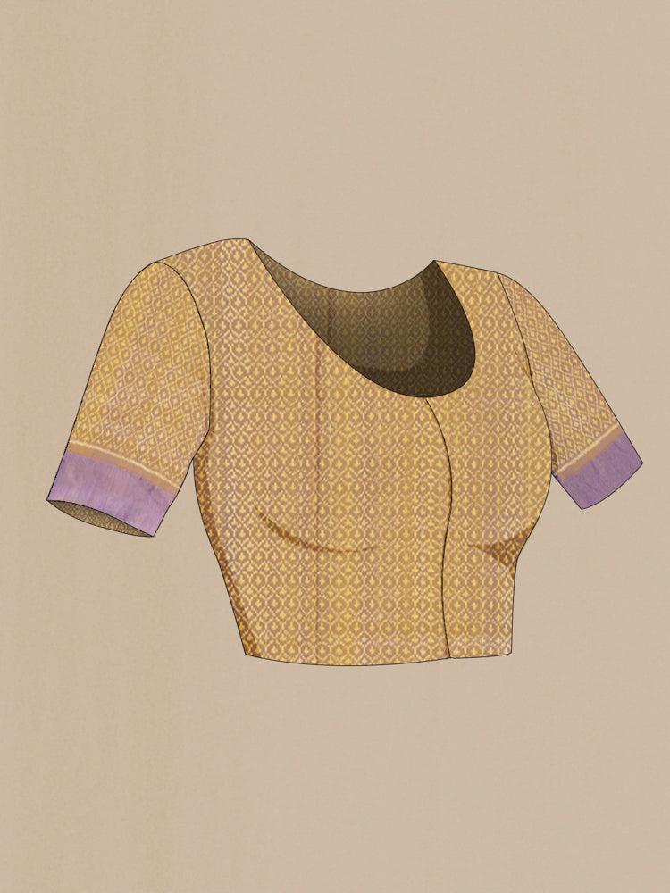 Close up image of the blouse of Lavender Pochampally Saree with Ikat Print on the body and Silk Border. 