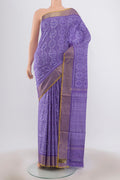 Lavender Pochampally Silk Saree with Pure Ikat on the body and Zari Border.  displayed on a mannequin