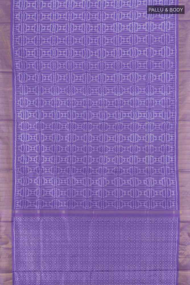 Flat view of Lavender Pochampally Silk Saree with Pure Ikat on the body and Zari Border. 