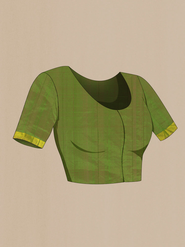 Close up image of the blouse of Mehandi Green Kanjivaram Silk Saree with Plain Body and Silk Border. 