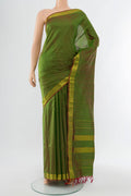 Mehandi Green Kanjivaram Silk Saree with Plain Body and Silk Border.  displayed on a mannequin