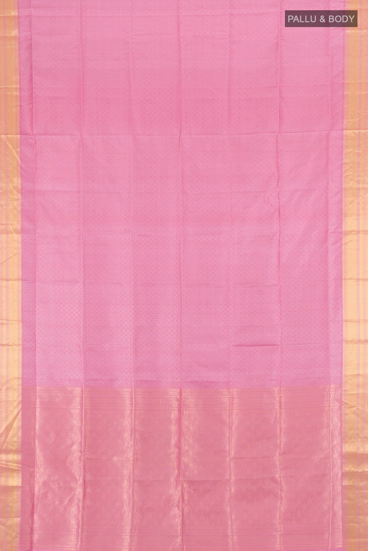 Flat view of Rose pink Soft Silk Saree with Jacquard design on the body and Zari Border. 
