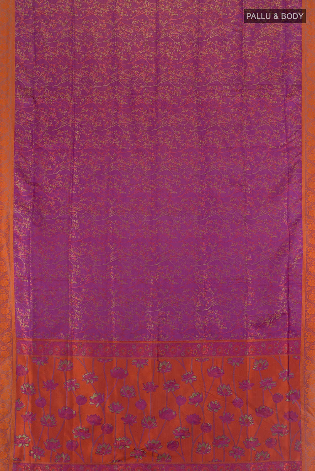 Flat view of Purple Soft Silk Saree with Jacquard design on the body and Thread Border. 