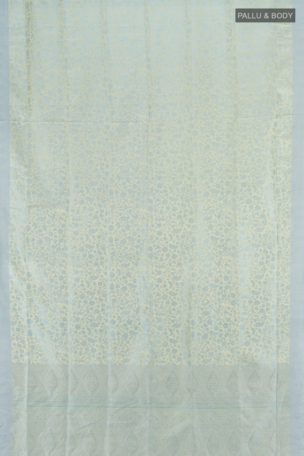 Flat view of Light Blue Soft Silk Saree with Jacquard design on the body and Thread Border. 