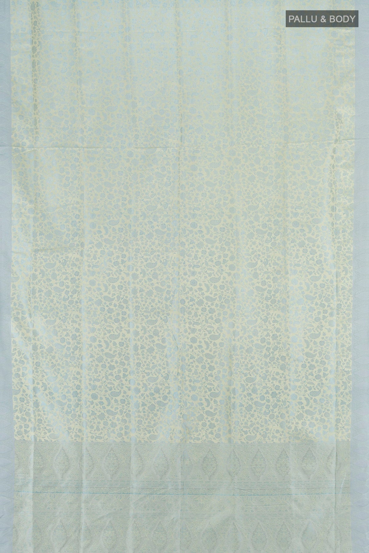Flat view of Light Blue Soft Silk Saree with Jacquard design on the body and Thread Border. 