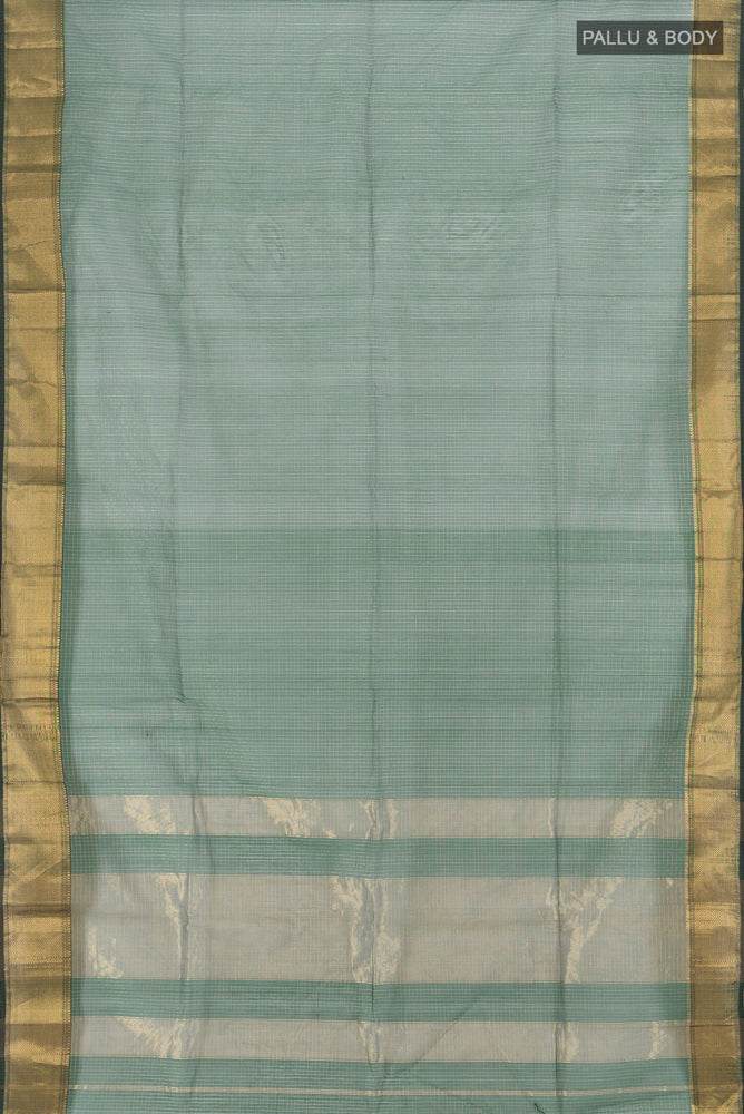 Flat view of Pure Silk Pure Zari Bottle Green Maheshwari Cotton Saree with Zari Butta on the body and Silk Border. 