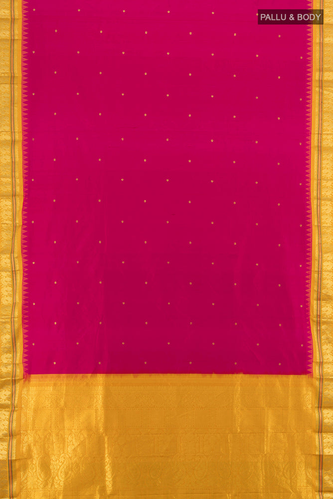 Flat view of Dark Pink Bangalore Silk Saree with Zari Butta on the body and Zari Border. 