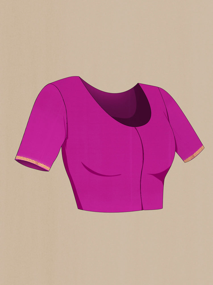 Close up image of the blouse of Purple Mysore Crepe Saree with Plain Body and Silk Border. 