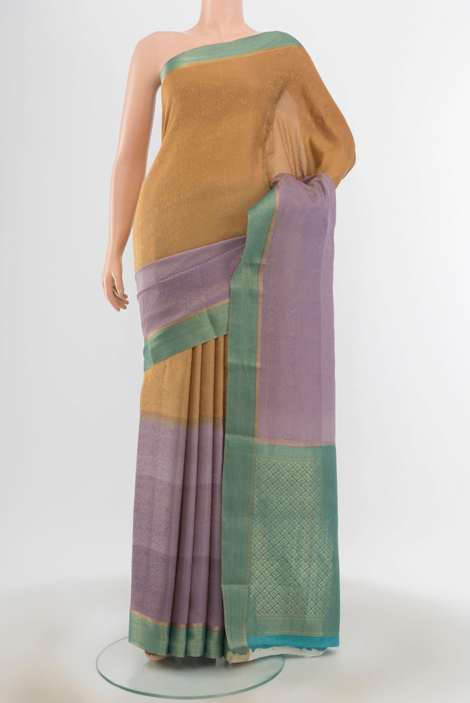 Multi Color Mysore Crepe Saree with Zari Butta on the body and Zari Border.  displayed on a mannequin