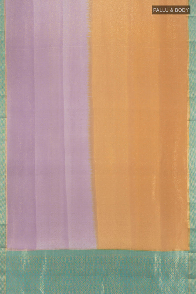 Flat view of Multi Color Mysore Crepe Saree with Zari Butta on the body and Zari Border. 
