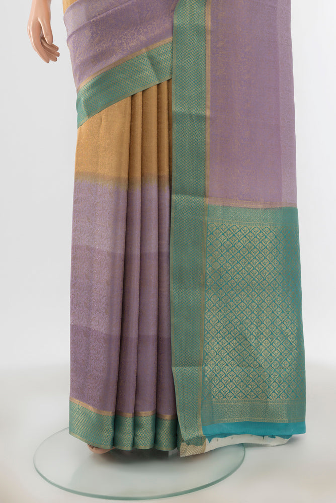 Pleats and pallu of Multi Color Mysore Crepe Saree with Zari Butta on the body and Zari Border. 
