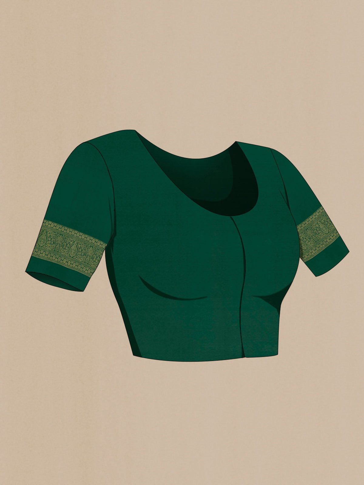 Close up image of the blouse of Bottle Green Mysore Crepe Saree with Zari Brocade on the body and Zari Border. 