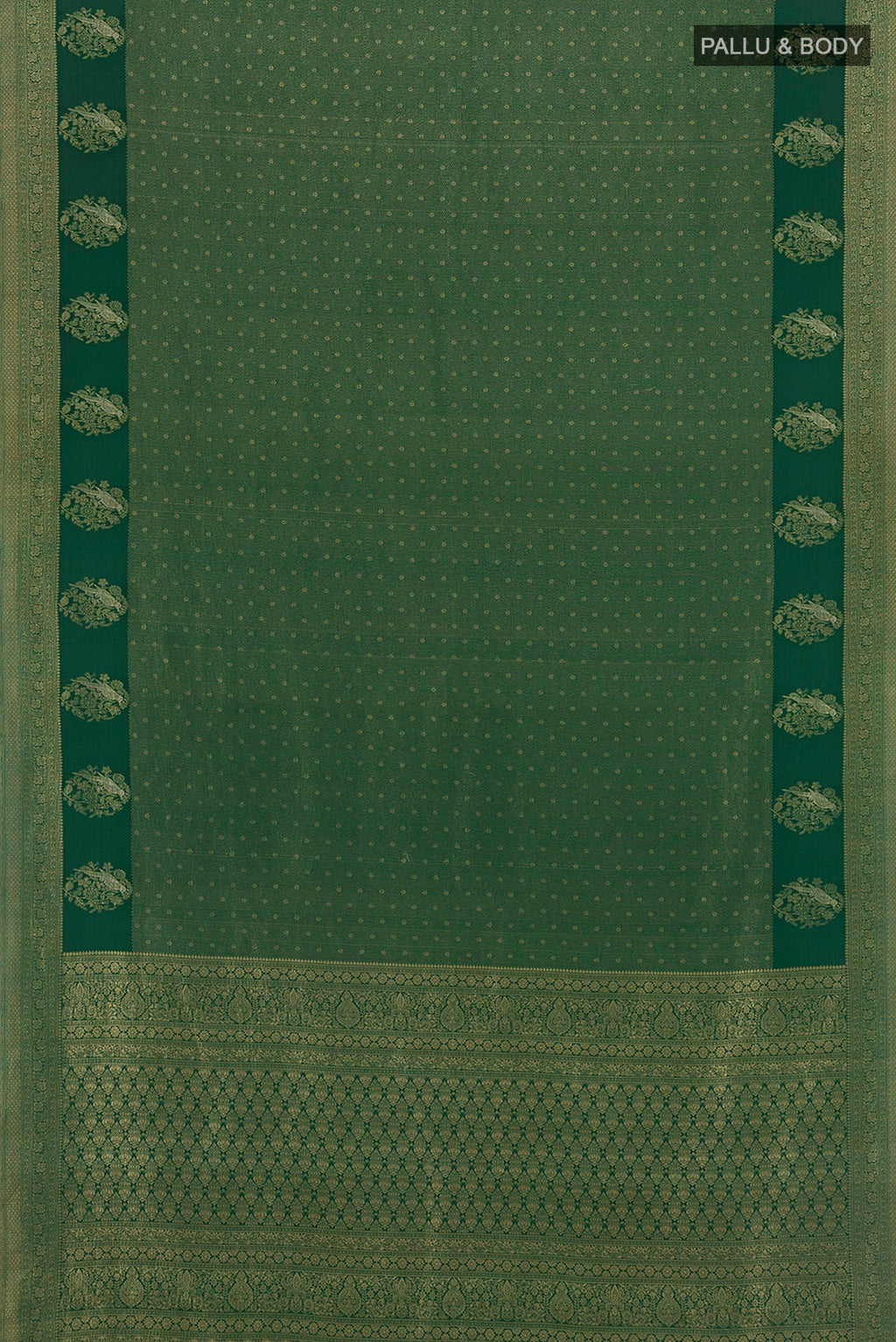 Flat view of Bottle Green Mysore Crepe Saree with Zari Brocade on the body and Zari Border. 