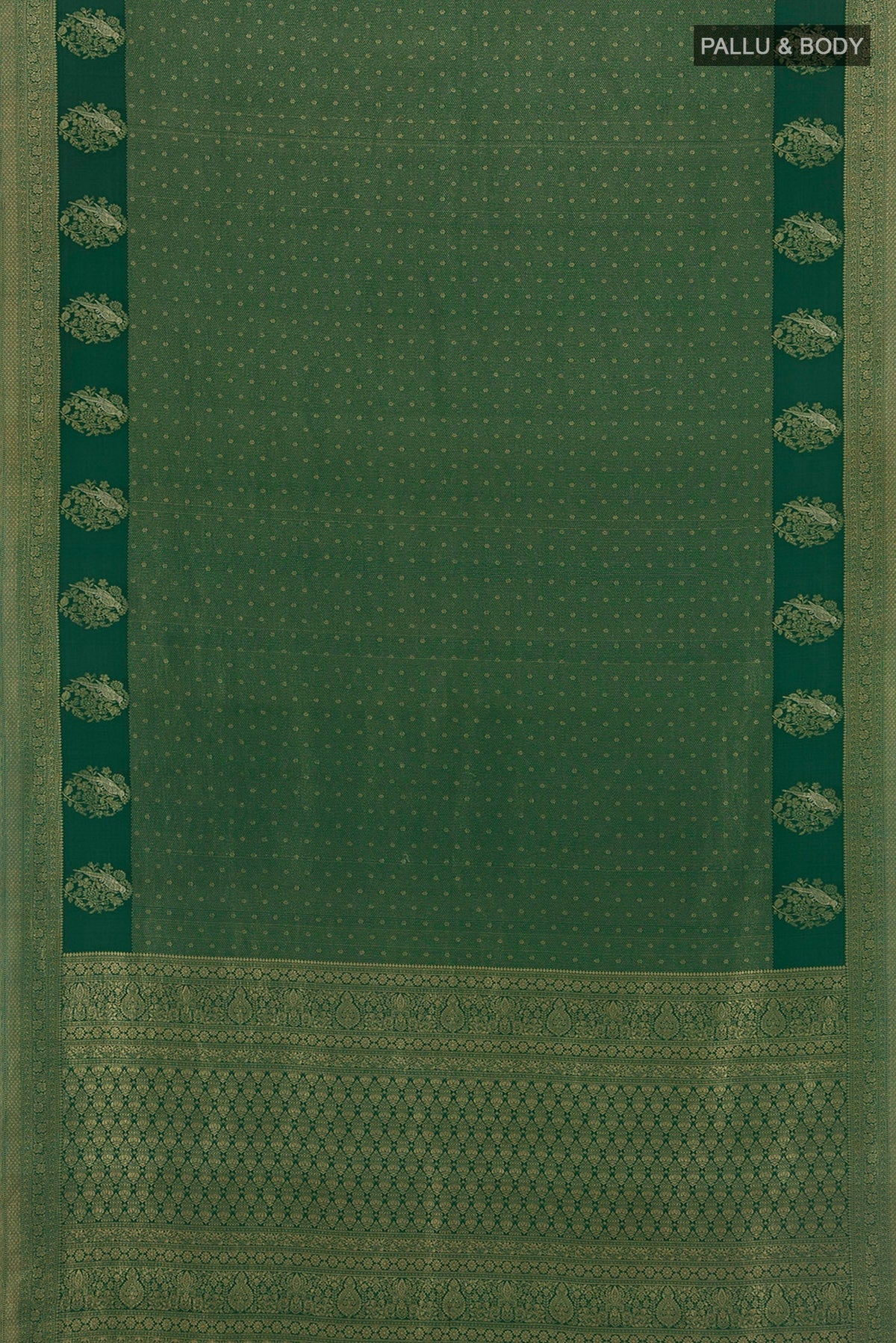 Flat view of Bottle Green Mysore Crepe Saree with Zari Brocade on the body and Zari Border. 