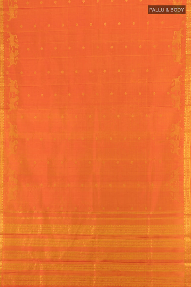Flat view of Mustard Kanjivaram Silk Saree with Zari Butta on the body and Zari Border. 