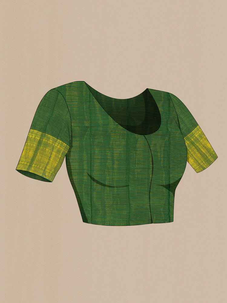 Close up image of the blouse of Mint Green Kanjivaram Silk Saree with Zari Butta on the body and Silk Border. 