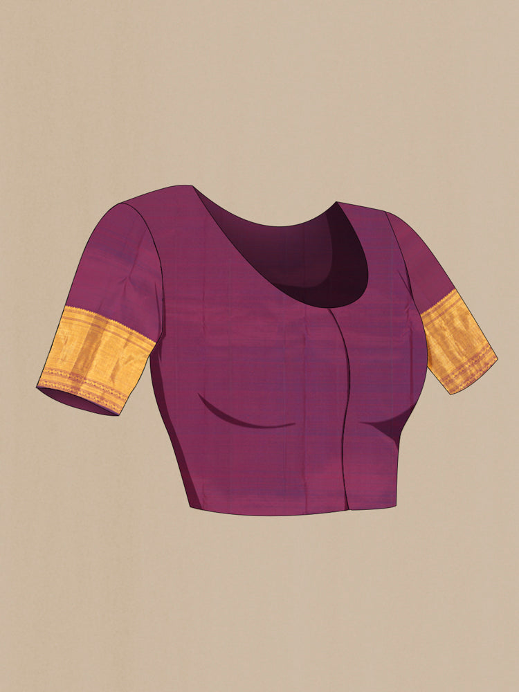 Close up image of the blouse of Pure Silk Pure Zari Maroon Kanjivaram Saree with Zari Butta on the body and Silk Border. 