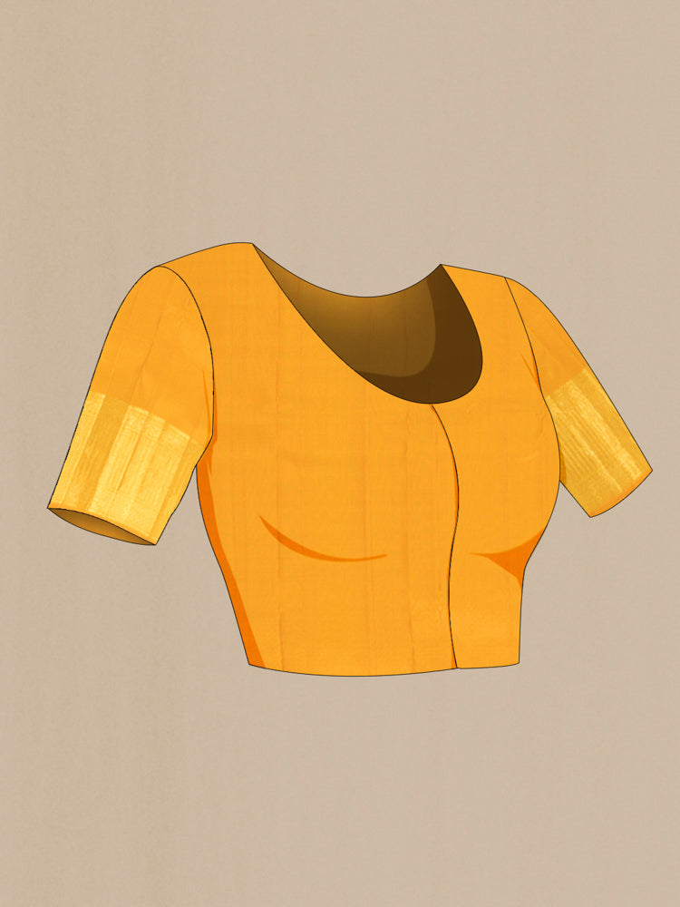 Close up image of the blouse of Pure Silk Pure Zari Mustard Kanjivaram Saree with Zari Butta on the body and Silk Border. 