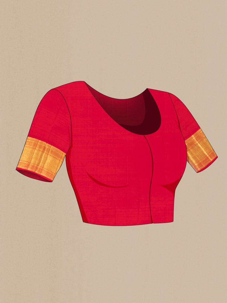 Close up image of the blouse of Pure Silk Pure Zari Peach Kanchipuram Saree with Zari Butta on the body and Silk Border. 