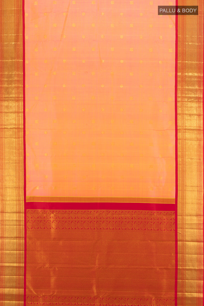 Flat view of Pure Silk Pure Zari Peach Kanchipuram Saree with Zari Butta on the body and Silk Border. 