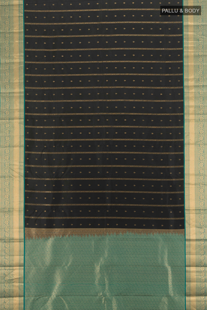 Flat view of Black Kanchipuram Silk Saree with Zari Butta on the body and Zari Border. 