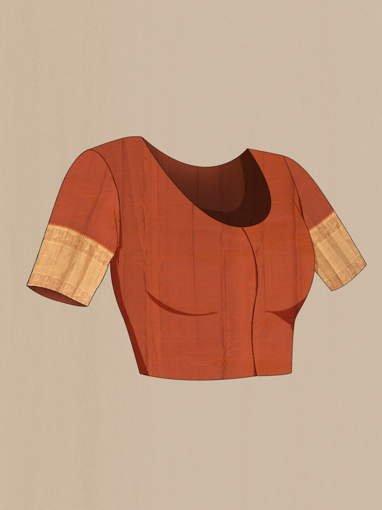 Close up image of the blouse of Bronze Kanchipuram Silk Saree with Zari Butta on the body and Silk Border. 