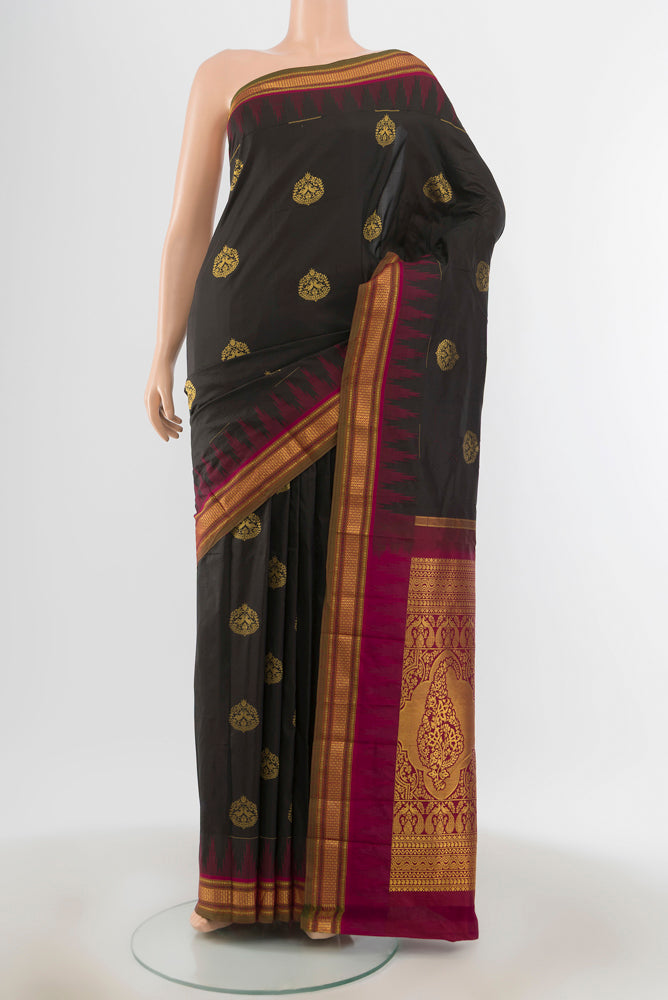 Black Bangalore Silk - kadyal Saree with Zari Butta on the body and Zari Border.  displayed on a mannequin