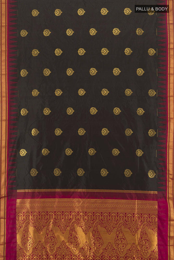 Flat view of Black Bangalore Silk - kadyal Saree with Zari Butta on the body and Zari Border. 