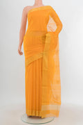 Orange Chanderi Silk Cotton Saree with Zari Butta on the body and Zari Border.  displayed on a mannequin
