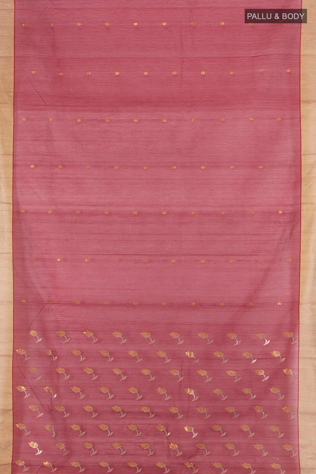 Flat view of Maroon Chanderi Silk Cotton Saree with Zari Butta on the body and Zari Border. 