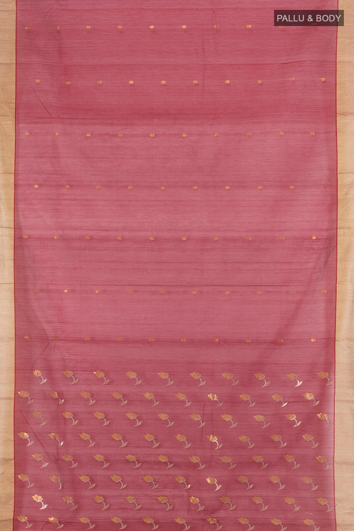 Flat view of Maroon Chanderi Silk Cotton Saree with Zari Butta on the body and Zari Border. 