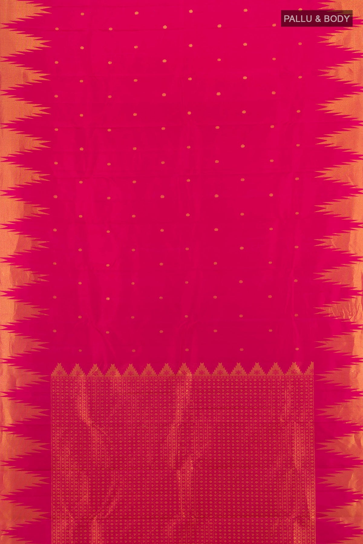 Flat view of Pink Kanchipuram Silk Saree with Zari Butta on the body and Temple Border. 