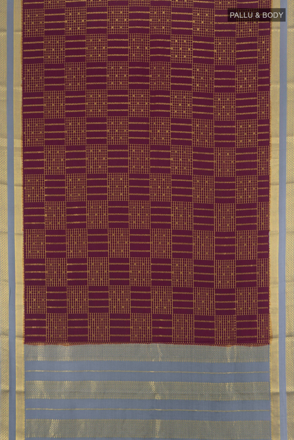 Flat view of Coffee Brown Mysore Crepe Saree with Checked design on the body and Zari Border. 