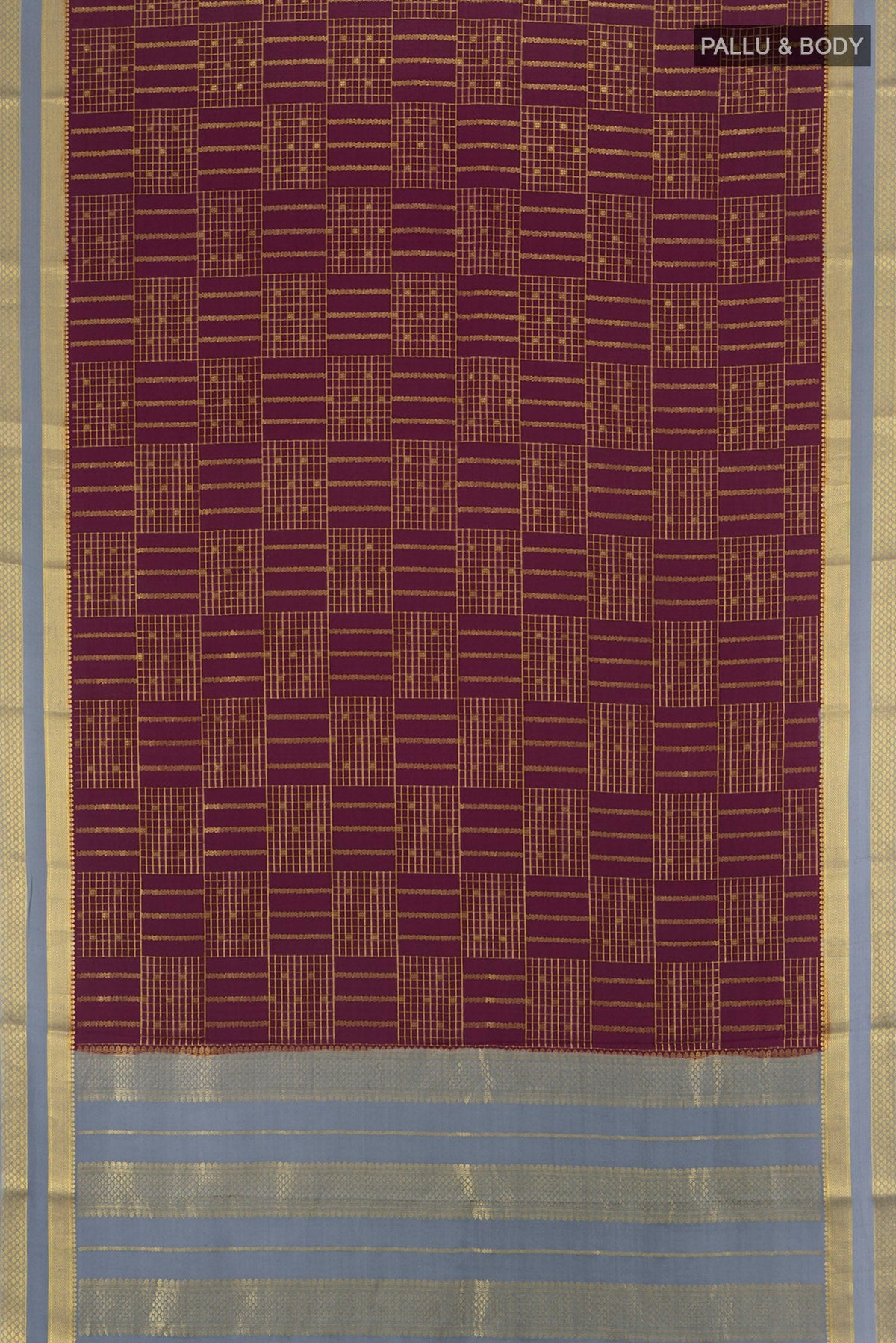 Flat view of Coffee Brown Mysore Crepe Saree with Checked design on the body and Zari Border. 