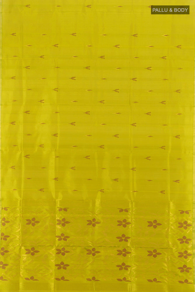 Flat view of Light Green Uppada Silk Saree with Zari Brocade on the body and Silk Border. 