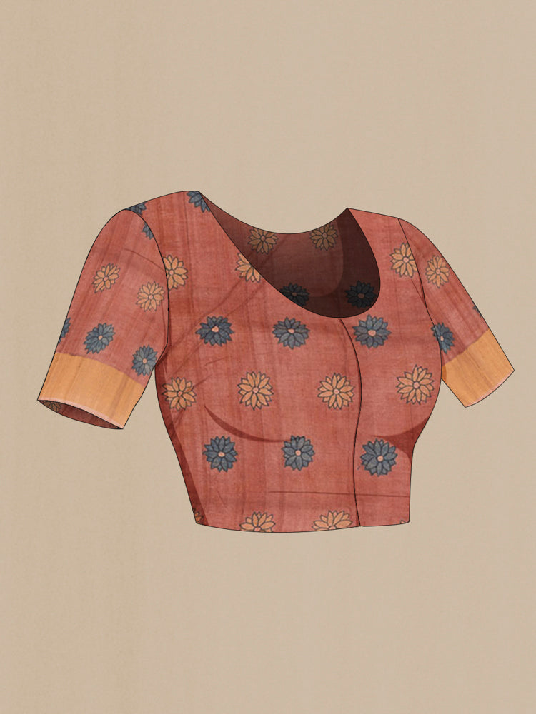 Close up image of the blouse of Pure Silk Pure Zari Multi Color Tussar Saree with kalamkari Print on the body and Silk Border. 