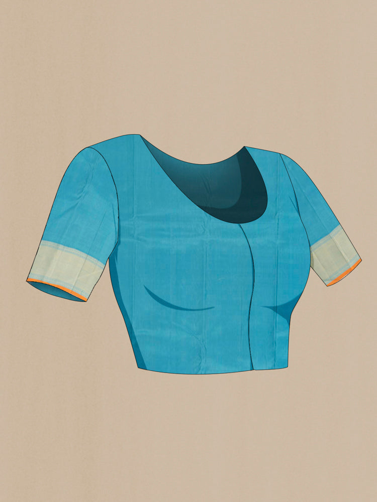 Close up image of the blouse of Light Blue Kanchipuram Silk Saree with Zari Butta on the body and Silk Border. 