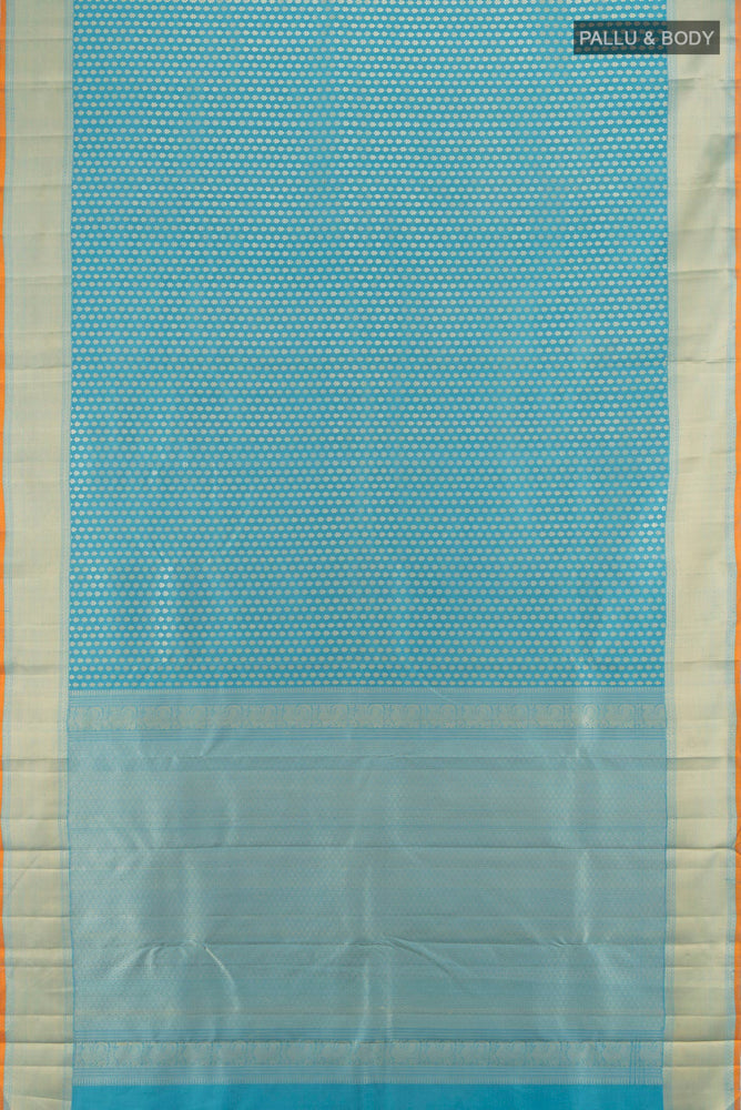 Flat view of Light Blue Kanchipuram Silk Saree with Zari Butta on the body and Silk Border. 