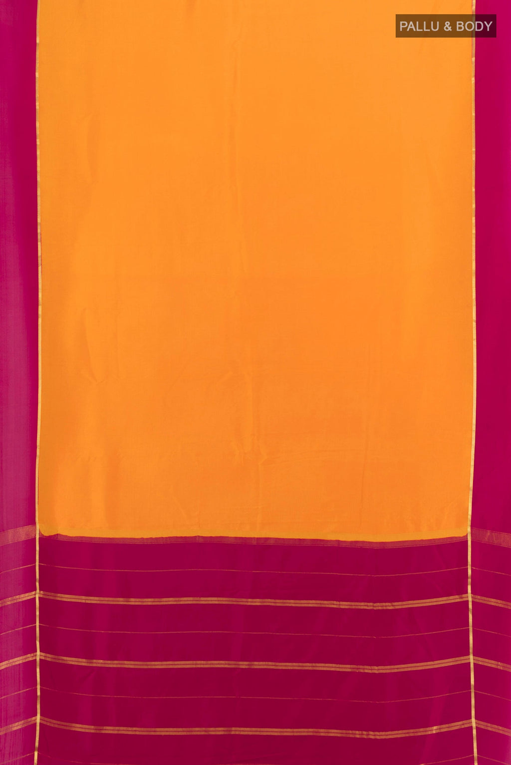 Flat view of Pure Silk Pure Zari Yellow Mysore Crepe Saree with Plain Body and Plain Border. 