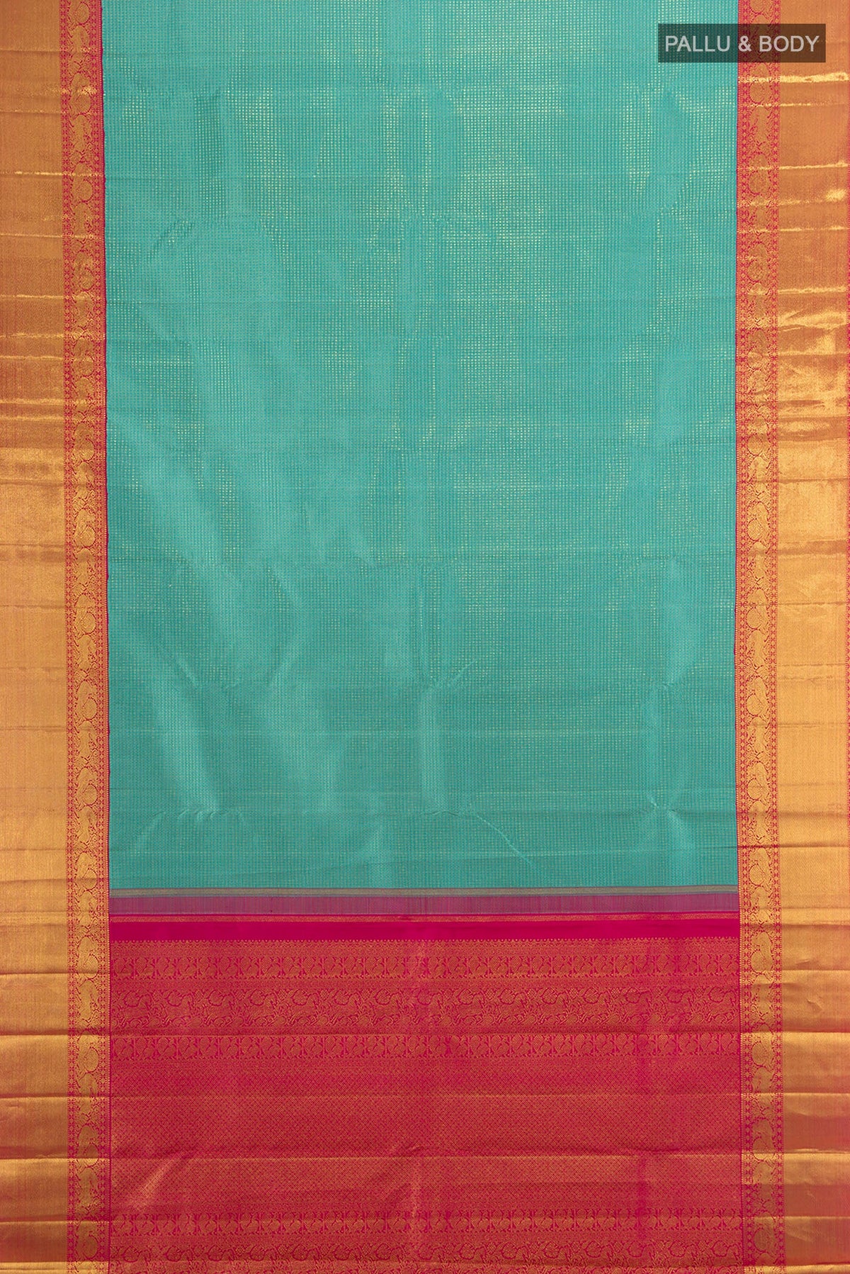 Flat view of Pure Silk Pure Zari Light Blue Kanjivaram Saree with Zari Brocade on the body and Zari Border. 