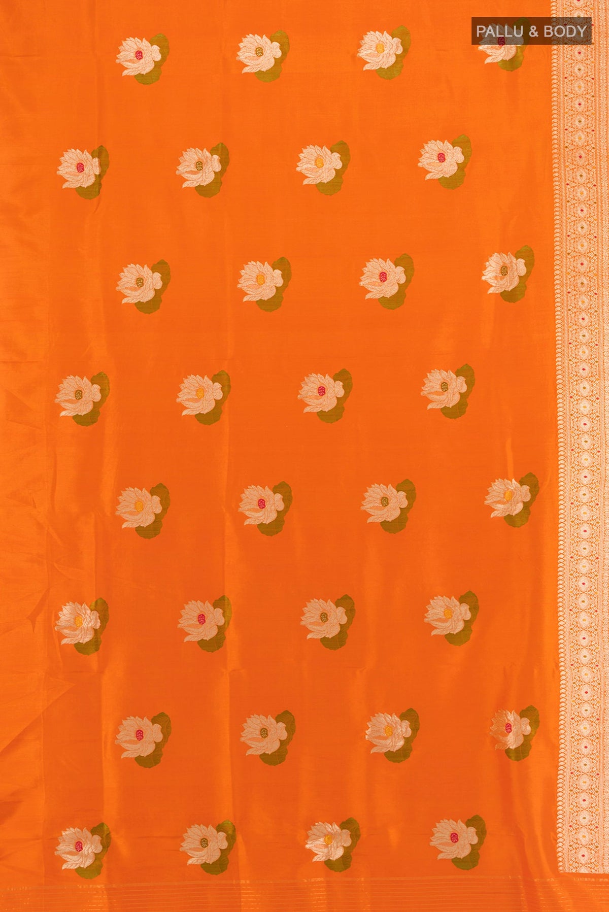 Flat view of Orange Banarasi Silk Saree with Zari And Thread Butta on the body and Zari Border. 