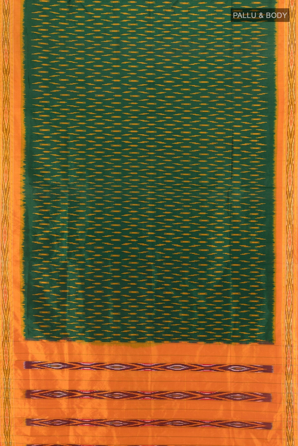 Flat view of Bottle Green Pochampally Silk Saree with Ikat design on the body and Ikat Border. 